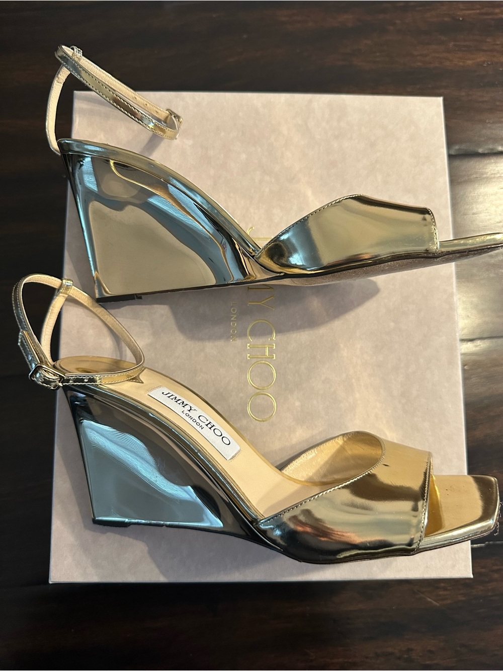 Jimmy Choo Brien Gold Metallic Wedge Sandals